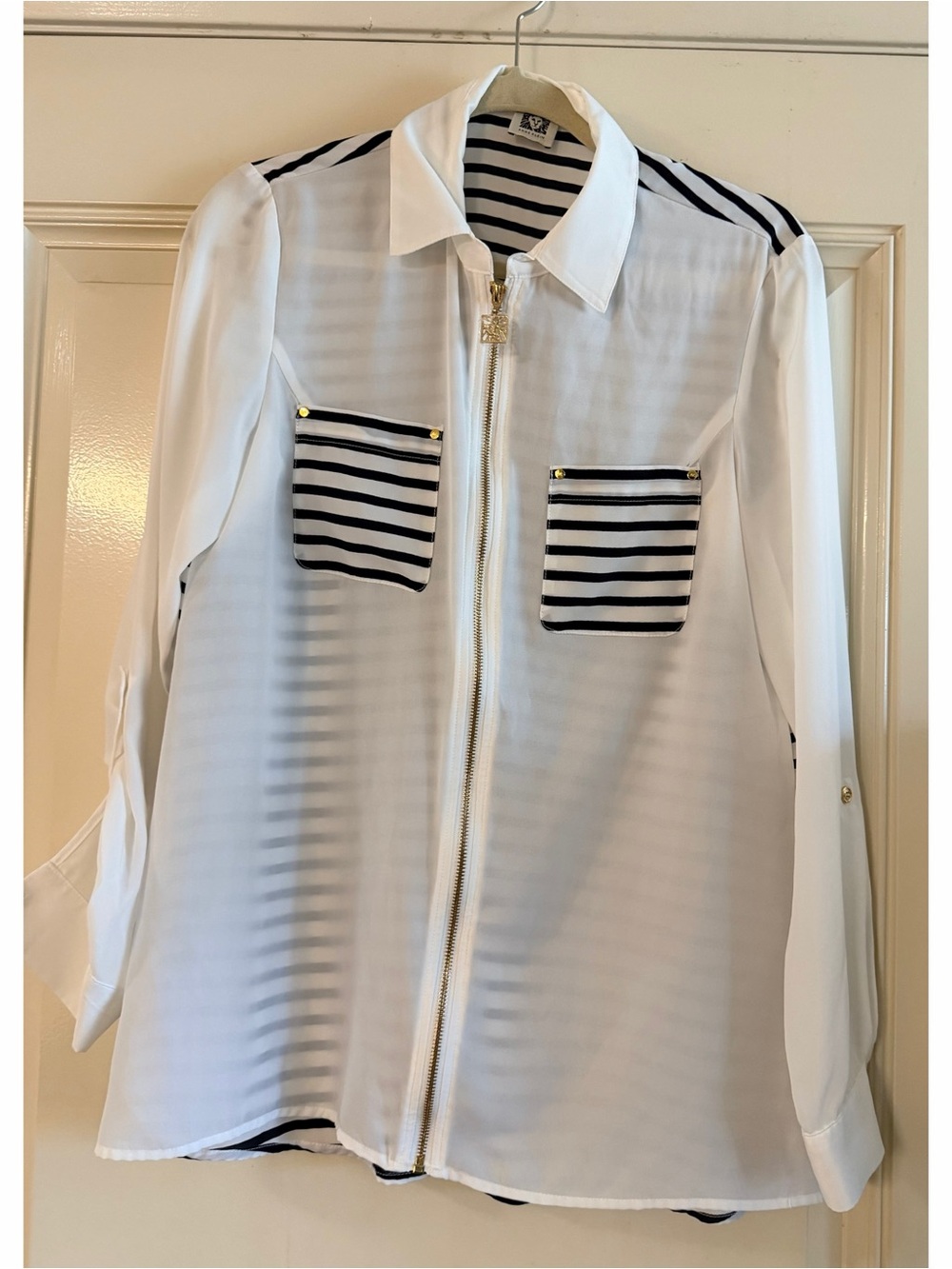 Anne Klein White Blouse with Black Striped Pocket Accents